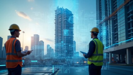 Engineers collaborating on a holographic building project, showcasing innovation in construction technology