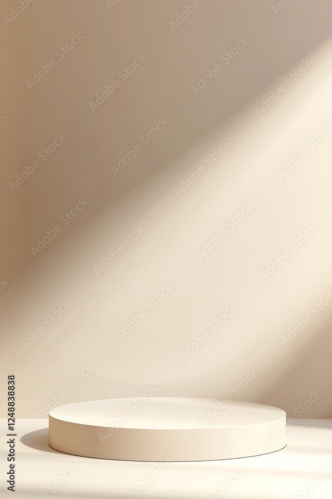 Poster A circular platform rests on a smooth surface, highlighted by a gentle beam of light against a soft beige background. This setting creates an ideal space for product display and presentation