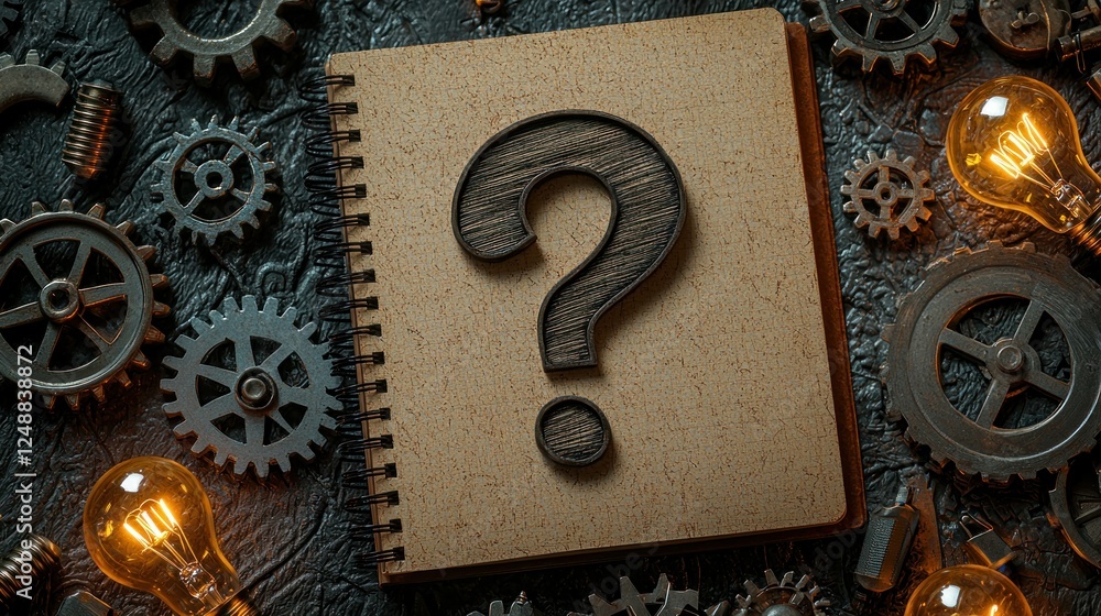 Poster notebook with question mark, gears, bulbs; problem solving concept