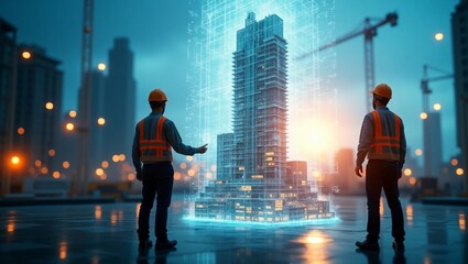 Engineers collaborating on a holographic building project, showcasing innovation in construction technology