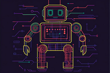 A charming, retro-inspired robot with a futuristic twist. Designed in a vintage style reminiscent of classic sci-fi, but updated with sleek neon outlines and digital circuit patterns.