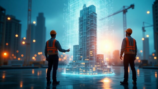 Engineers collaborating on a holographic building project, showcasing innovation in construction technology