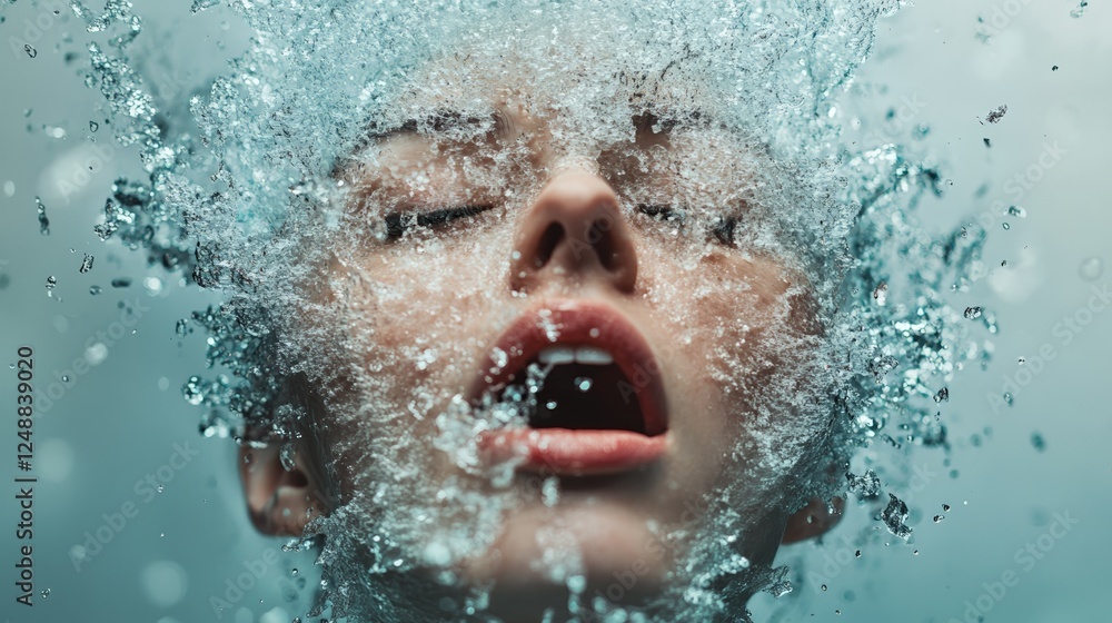 Poster woman screaming underwater with water exploding from her head, creating a surreal and artistic image