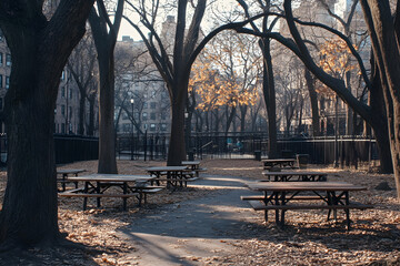 Urban Serenity, A Quiet Park Scene with Picnic Tables and Bare Trees Bathed in Muted Sunlight on an Autumn Afternoon