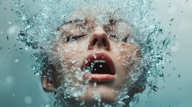 Woman screaming underwater with water exploding from her head, creating a surreal and artistic image of stress, information overload, and mental health issues