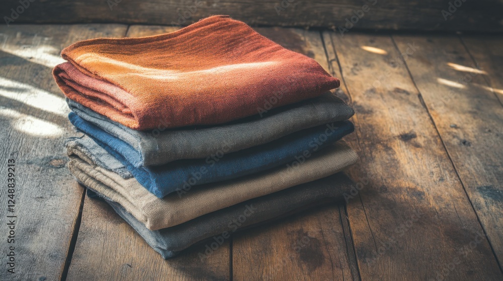 Aufkleber stacked colorful fabrics on rustic wooden surface with soft lighting creating a warm ambiance