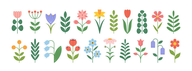 Modern geometric flower icons set. Abstract floral design elements. Spring and summer blossoms, blooming plant branches. Botanical flat vector illustration.
