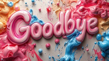 A vibrant and colorful representation of the word 'Goodbye' created with swirling paint colors in pink and blue, symbolizing farewell and creativity in a playful manner.