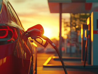 A red car is filling up at a gas station