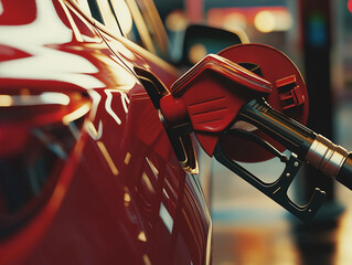 A red car is being filled with gas