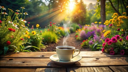 Drone's-eye view: a coffee cup rests on a table above a vibrant, sprawling garden.