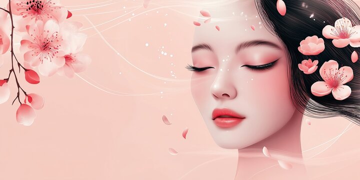 Banner for International Women's Day with a woman on the right, flowers, in soft colors. Women's Day greeting card, background. Advertising banner