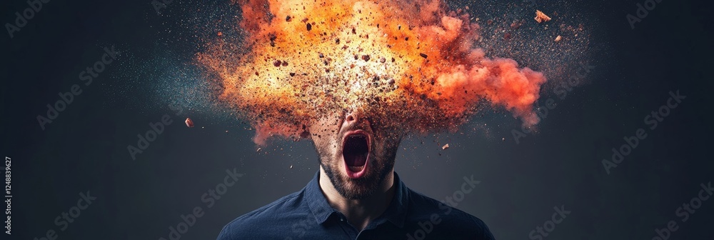 Poster Man experiencing burnout with an exploding head, representing overwhelming stress, information overload, and the struggles of mental health challenges