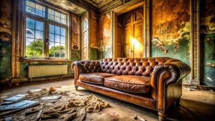Dust-covered elegance: a vintage Chesterfield sofa holds court in a decaying mansion's forgotten interior.