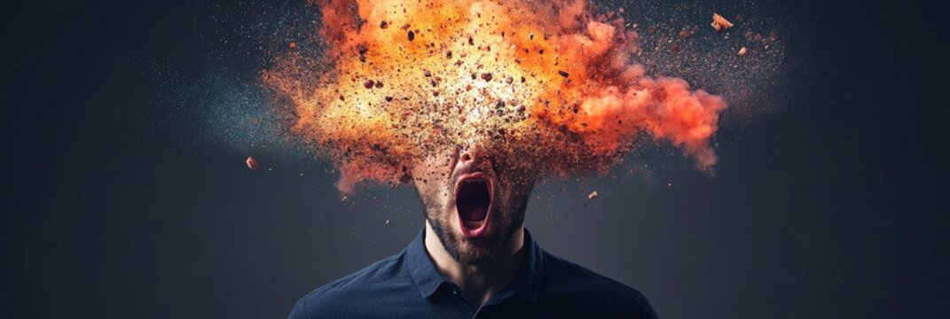 Man experiencing burnout with an exploding head, representing overwhelming stress, information overload, and the struggles of mental health challenges