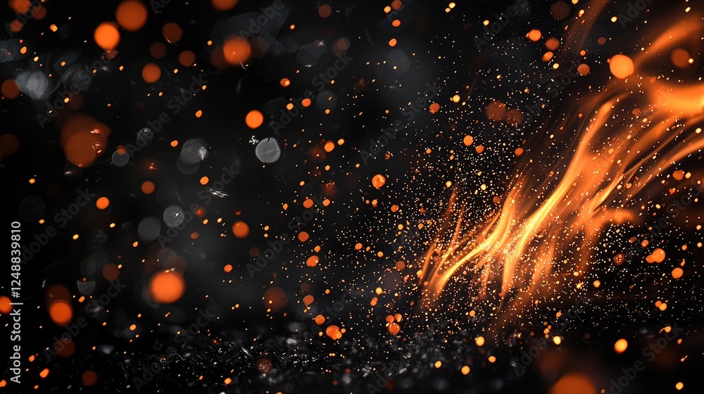 Poster abstract dark background with orange glowing streaks and sparkling particles.