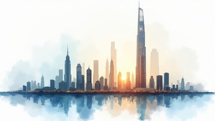 A watercolor painting of a modern city skyline at sunrise, reflecting in the water.