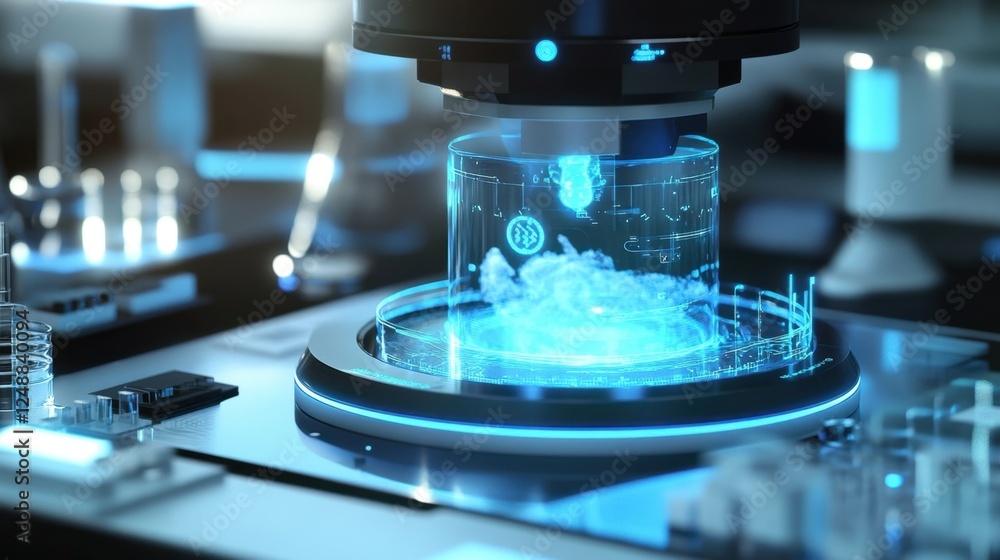 Poster cutting edge holographic display showcasing intricate scientific data in a futuristic laboratory set