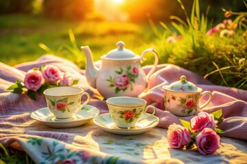 Fototapeta premium Elegant rose floral tea set, bathed in sunlight's long exposure, perfect for a picturesque outdoor picnic.