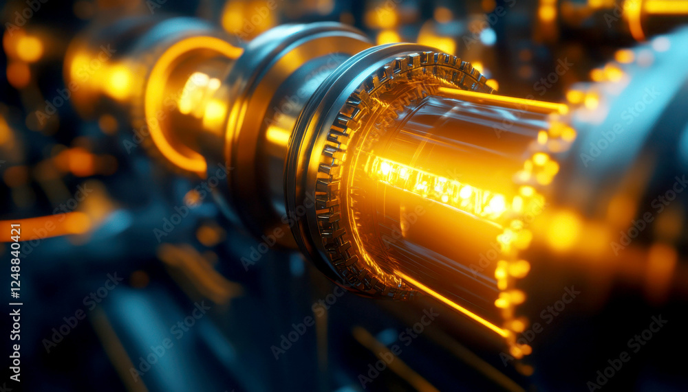 Poster close-up view of a glowing mechanical part in a futuristic design.