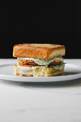 An appetizing hearty sandwich with creamy sauce, tomatoes, pork cutlet and French fries.
