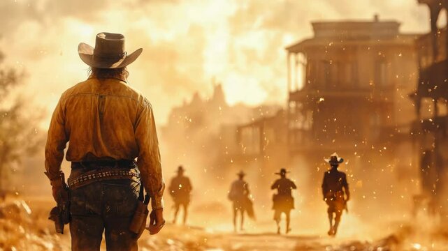 Wild West Cowboy Standoff. Dusty town scene. Cinematic Western. Dramatic silhouette for films, games, historical, and adventure projects.