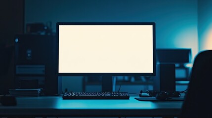 Modern Computer Monitor on Desk in Dark Office Environment
