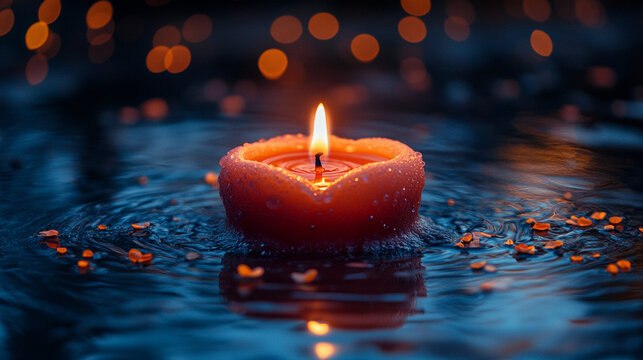 Floating candle on water under night sky.