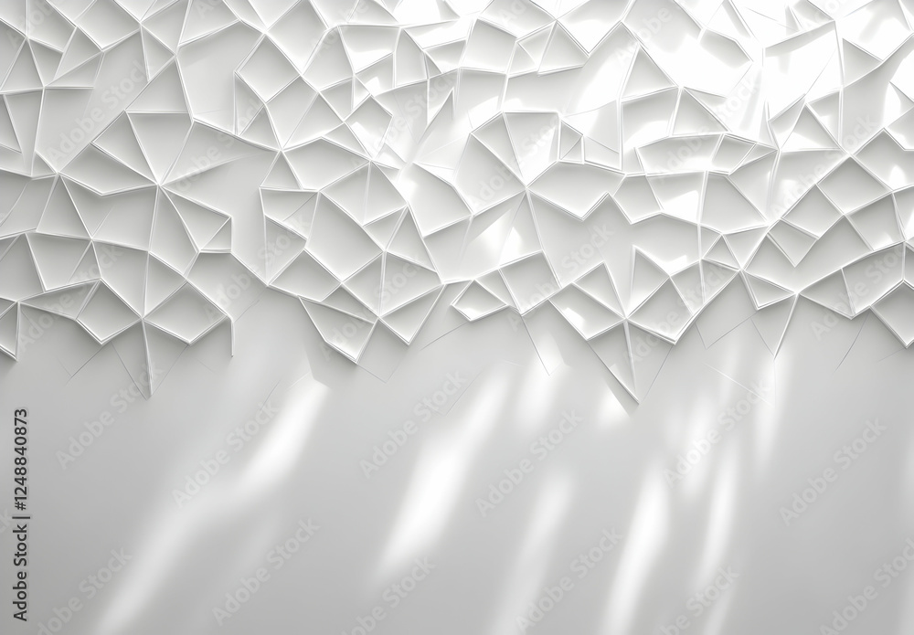 Poster luminous white geometric composition with crystalline facets casting soft shadows, creating an illus