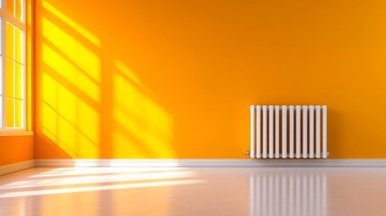 Obraz premium Bright Sunlit Room with Orange Walls and White Radiator. Generative AI