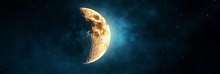 Glowing half moon illuminating a dark blue night sky, filled with twinkling stars and vibrant nebulas, creating a stunning celestial landscape that captivates the imagination