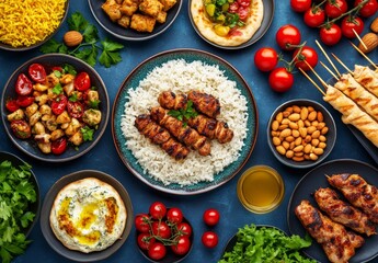 Overhead Mediterranean feast kebabs, rice, salads, dark background