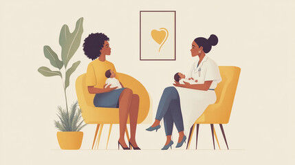 Fototapeta premium A digital illustration of two women having a conversation in a modern office setting. One woman is seated while the other stands, both are holding cups of coffee. They are engaged in discussion, likel