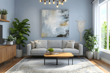 Serene contemporary living room featuring a light gray sofa, abstract art, and vibrant green plants for a calm and inviting atmosphere