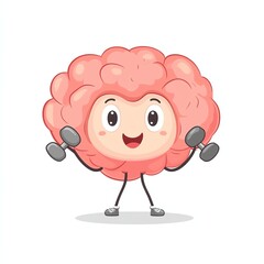A cheerful cartoon brain character lifting dumbbells, promoting fitness and mental health in a playful, engaging style.