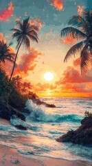 Tropical beach collage a vibrant sunset and ocean escape