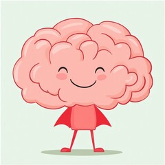 A cheerful cartoon brain character wearing a red cape, symbolizing intelligence and creativity against a light green background.