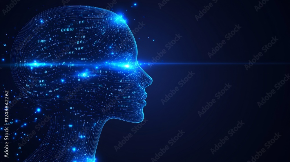 Poster glowing blue circuit head abstract technology profile with binary numbers on dark background