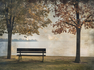 Autumnal Serenity, A Bench by the Lakeside Under Trees Displaying a Tranquil Scene with Warm Hues Evoking Peace and Reflection