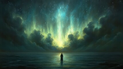 Solitary figure in ocean, mystical aurora borealis