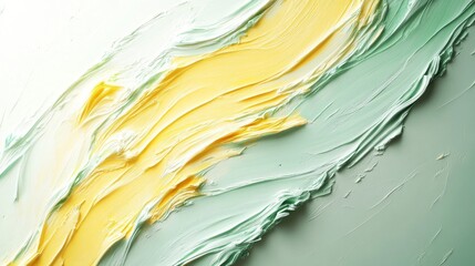 Thick layers of pastel yellow and green paint are featured