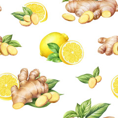 Seamless pattern with hand drawn watercolor ginger roots and lemons with slices and green leaves isolated on white background
