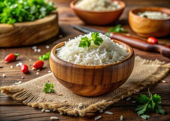 Gourmet basmati rice, elegantly styled in a wooden bowl; inspiring Asian cuisine recipes.