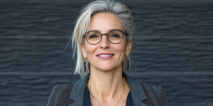 A poised businesswoman in glasses stands confidently against a textured wall, exuding wisdom and grace.