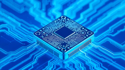 A close-up of a digital microchip on a circuit board with vibrant blue lighting. Generative AI