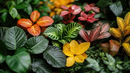 Obraz premium Vibrant tropical foliage, indoor garden, lush greenery, background texture, nature wallpaper