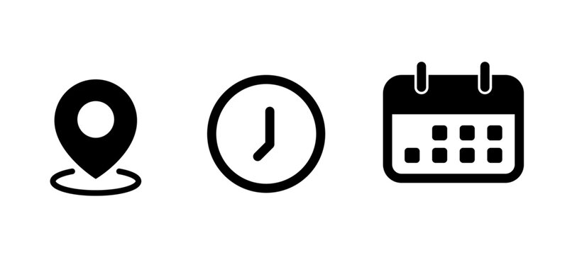 Date, Time, Address icon set. Event icons vector. Address. time, and date icon vector. Event elements isolated on transparent background.