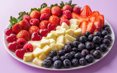 Fruit platter with berries for Saint Valentines Day and 8 March International Womens Day on a pastel purple background