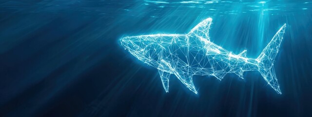 Abstract polygonal shark design floating in bioluminescent water