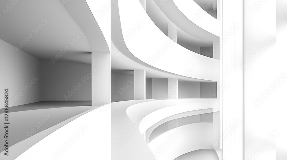 Poster abstract white architecture with curved walls and openings in a monochromatic scene